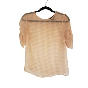 ModCloth blouse size Medium sheer checkered‎ gathered half sleeve Peachy white